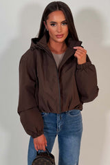 womens brown hooded padded rain jacket for festival styledup uk