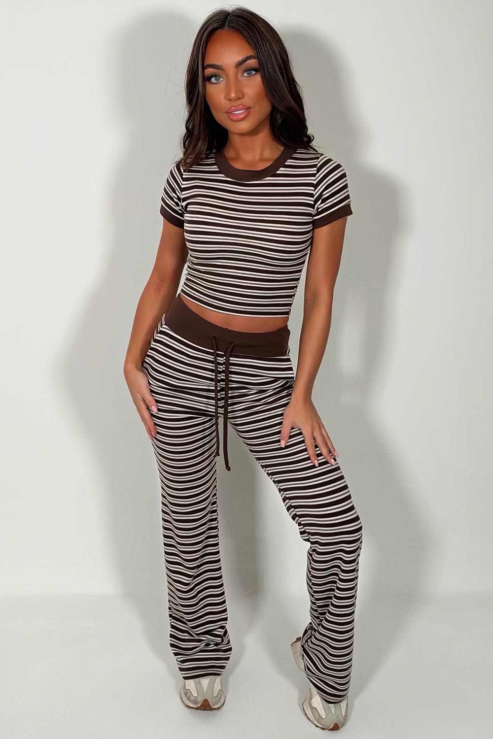 brown contrast striped trouser and top co ord set new season lounge set styledup uk