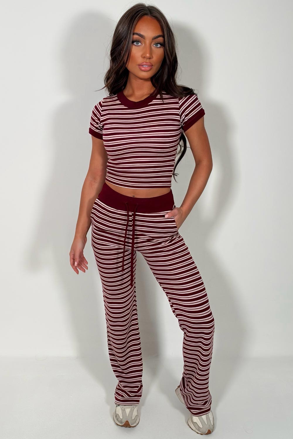 burgundy contrast striped trouser and top co ord set new season lounge set styledup uk