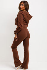 crop hoodie and bell bottom skinny flare trousers loungewear brown zara womens