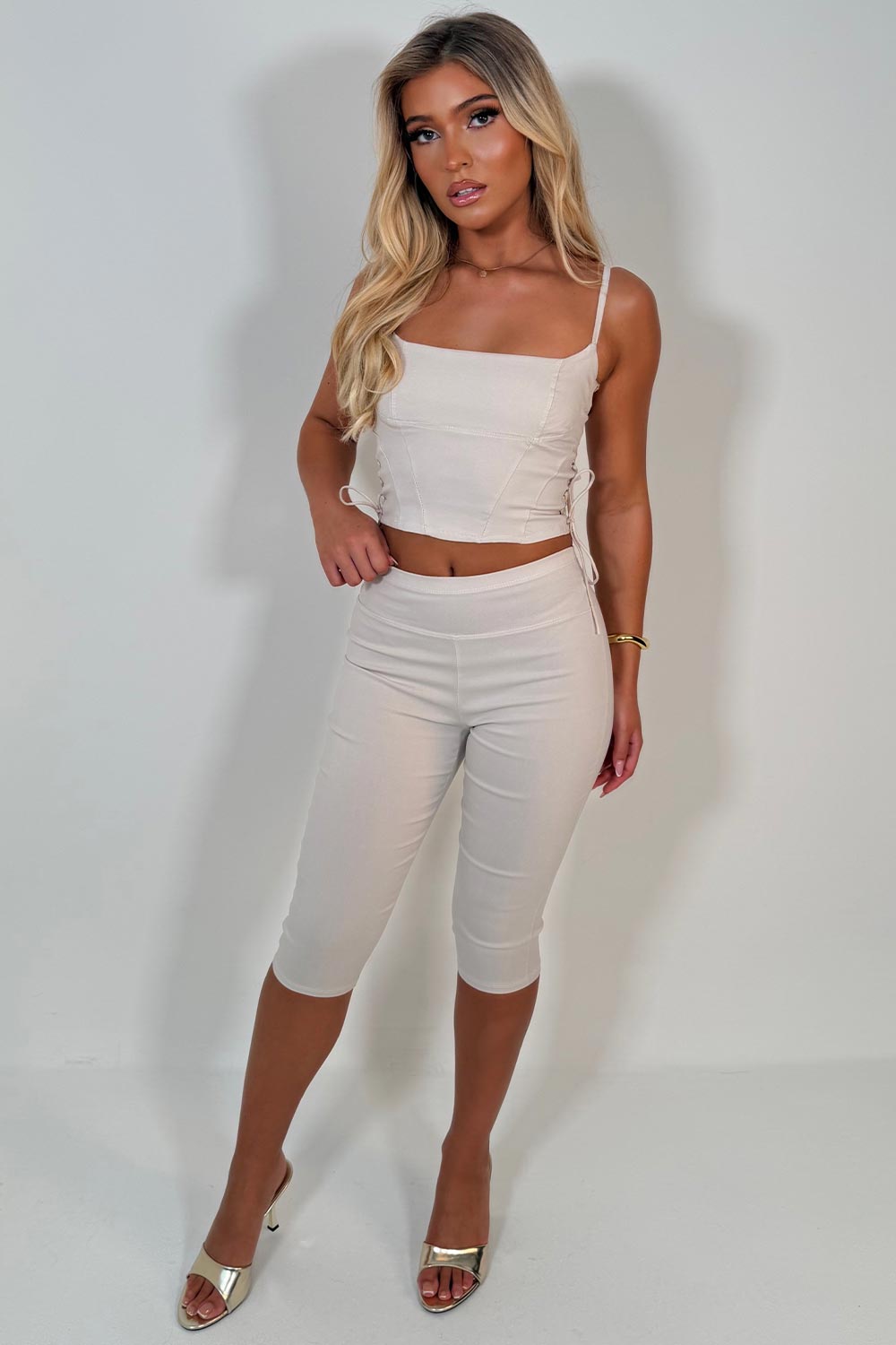 beige capri pants corset crop top co ord set night out christmas party outfit styledup uk