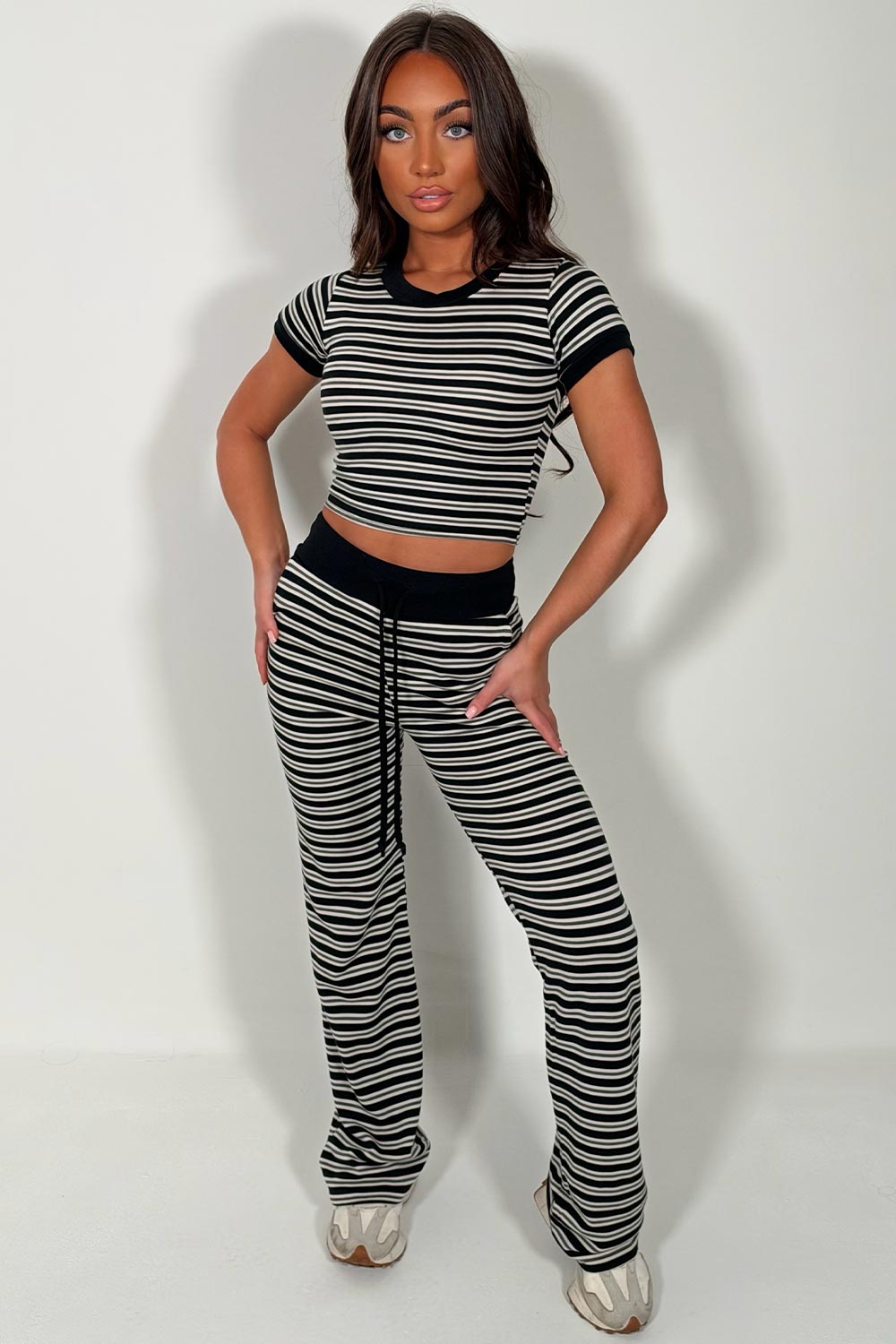 womens black white stripe knitted trouser and top lounge set styledup uk