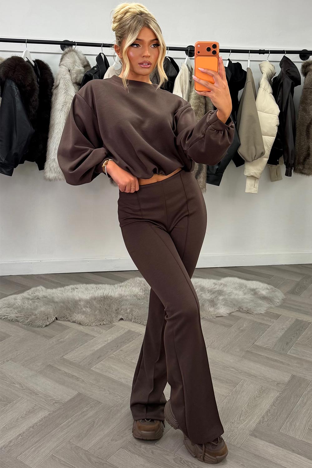 womens oversized crop sweatshirt and bell bottom flare trouser two piece loungewear co ord set brown styledup uk