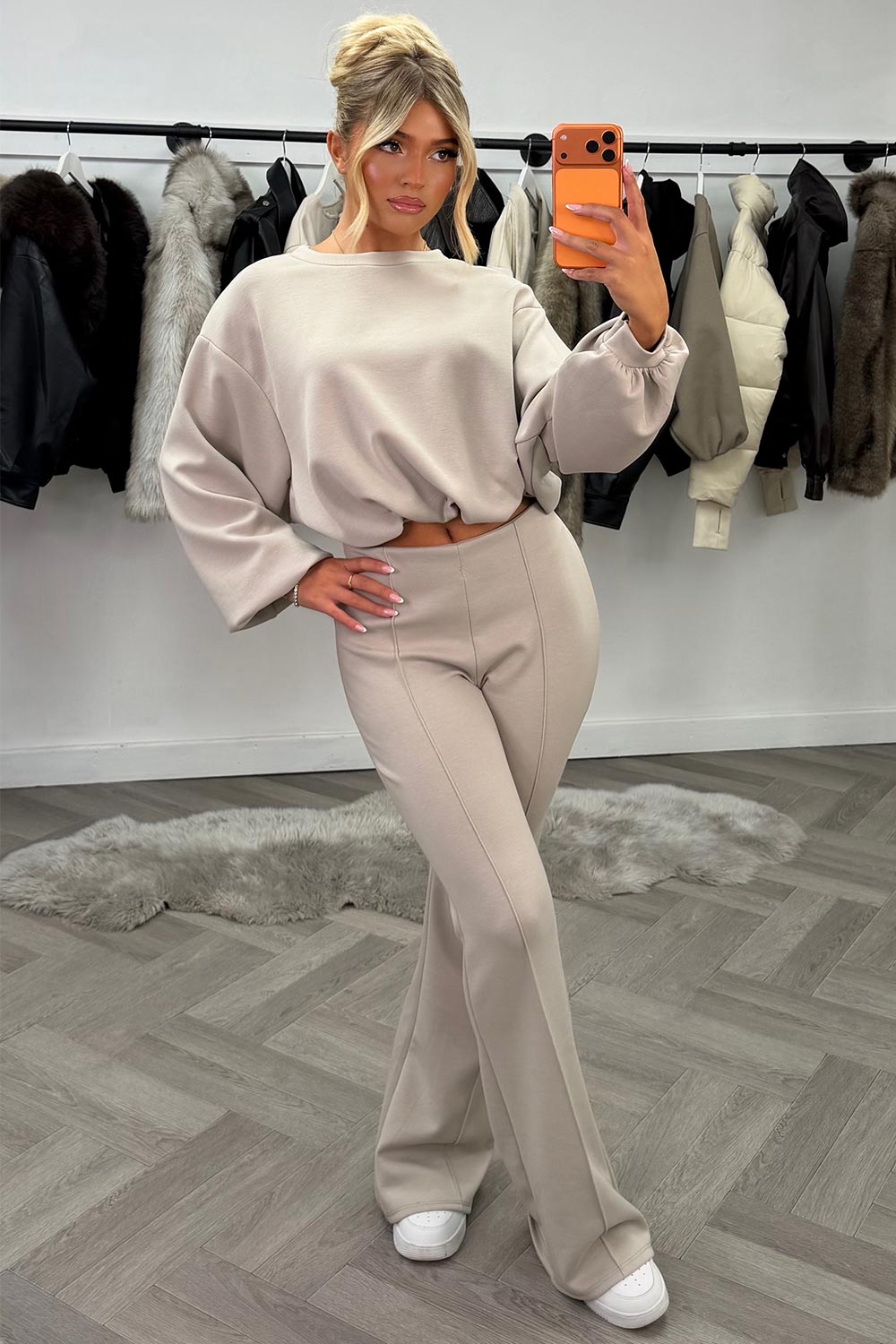 womens oversized crop sweatshirt and flare trouser two piece co ord set beige styledup 
