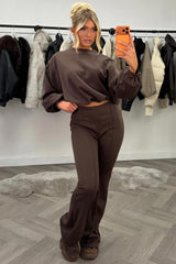 oversized sweatshirt jumper and flare trouser lounge set for womens brown styledup 