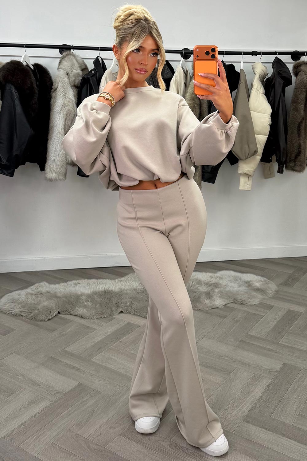 womens flare trouser and crop oversized sweatshirt loungewear set beige styledup 