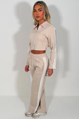 womens side stripe crop sweatshirt and wide leg joggers two piece co ord lounge set airport holiday outfit styledup uk white fox