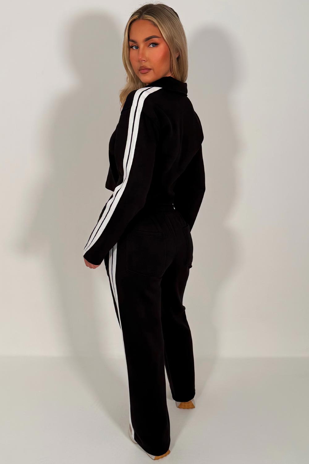 womens side stripe crop sweatshirt and wide leg joggers two piece co ord lounge set airport holiday outfit styledup uk white fox