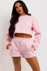 crop tracksuit shorts and crop jumper two piece summer lounge set summer
