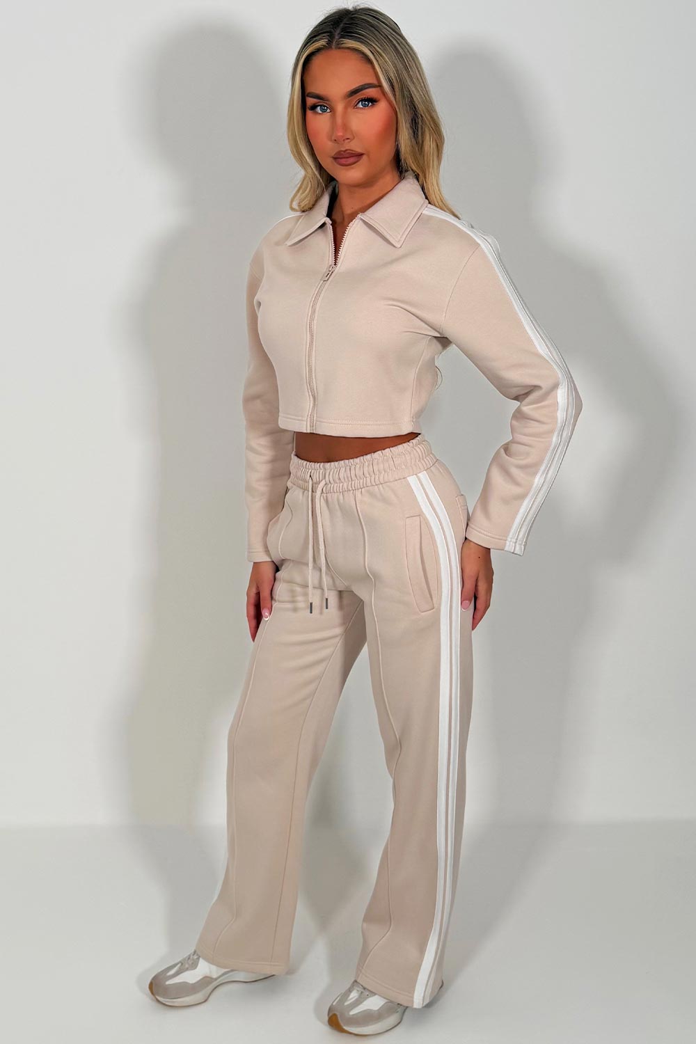 womens side stripe wide leg joggers and crop sweatshirt tracksuit co ord holiday airport outfit styledup white fox