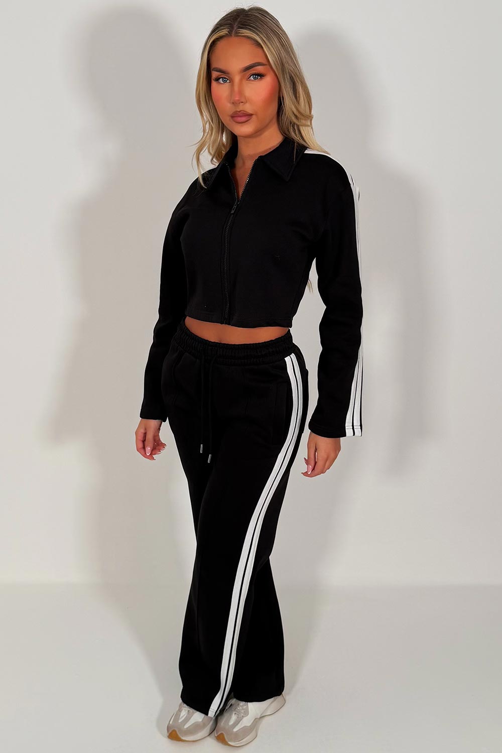 womens side stripe wide leg joggers and crop sweatshirt tracksuit co ord holiday airport outfit styledup white fox