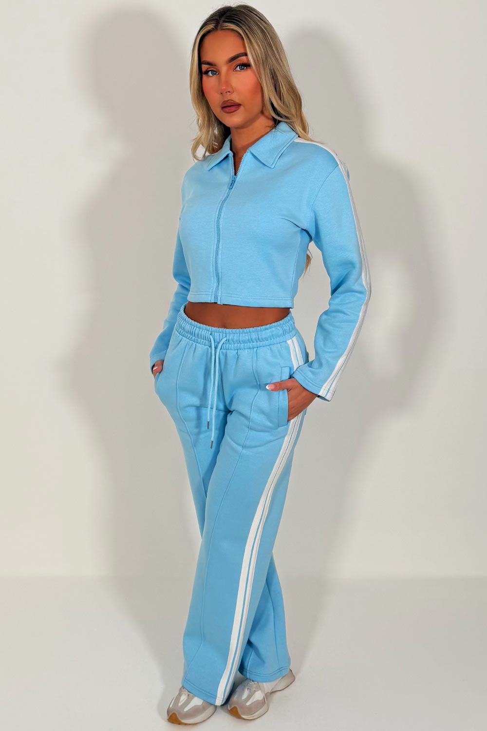side stripe crop zip up sweatshirt and wide leg joggers tracksuit co ord styledup uk white fox