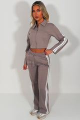 womens zip up sweatshirt and wide leg joggers with side stripes  two piece tracksuit co ord set styledup white fox 