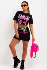 neon radical print crop t shirt and mini bodycon skirt co ord