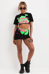 festival outfit crop t shirt and mini bodycon skirt with neon gabby gabby tour slogan