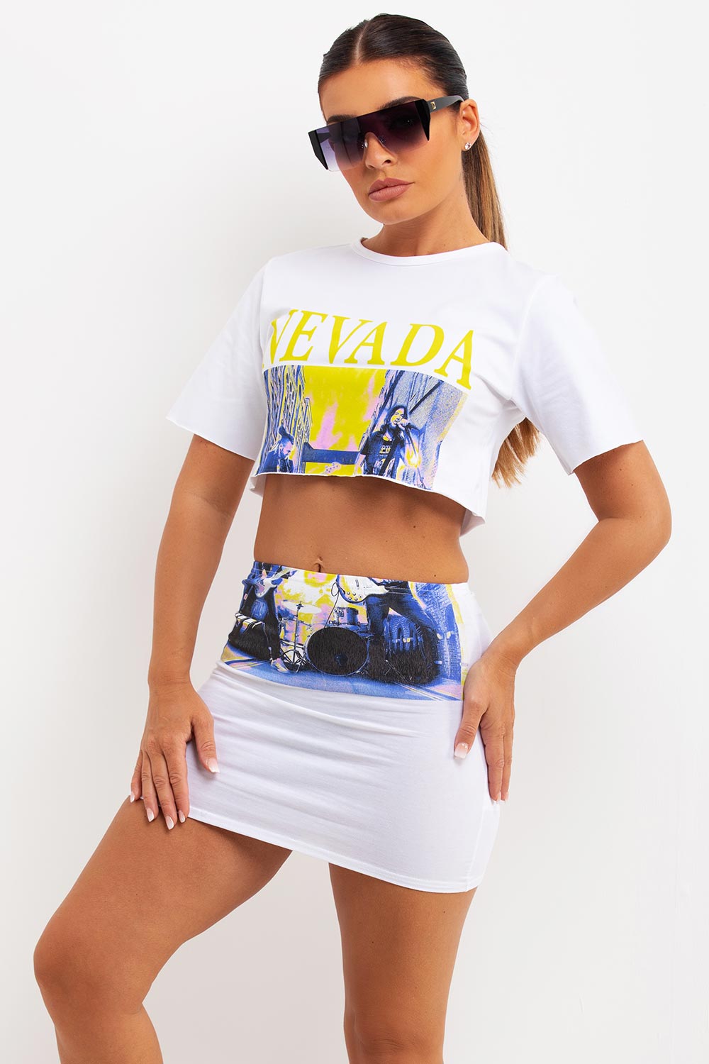 mini skirt and crop t shirt co ord with nevada slogan