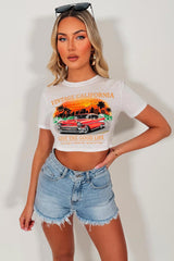 womens white crop t shirt california graphic crop top festival summer holidays outfit uk
