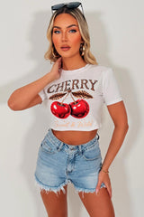 womens baby tee with graphic cherry slogan festival outfit 