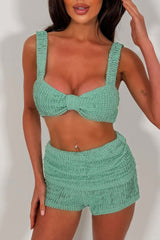 green micro shorts and crop top two piece going out festival outfit for womens styledup whitefox uk