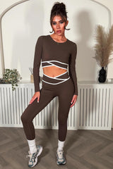 lululemon crossover waist high rise leggings and long sleeve crop top two piece co ord set brown activewear for gym yoga and pilates 