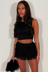 lace top and festival skort with ruffle frill detail two piece co ord set in black colour styledup