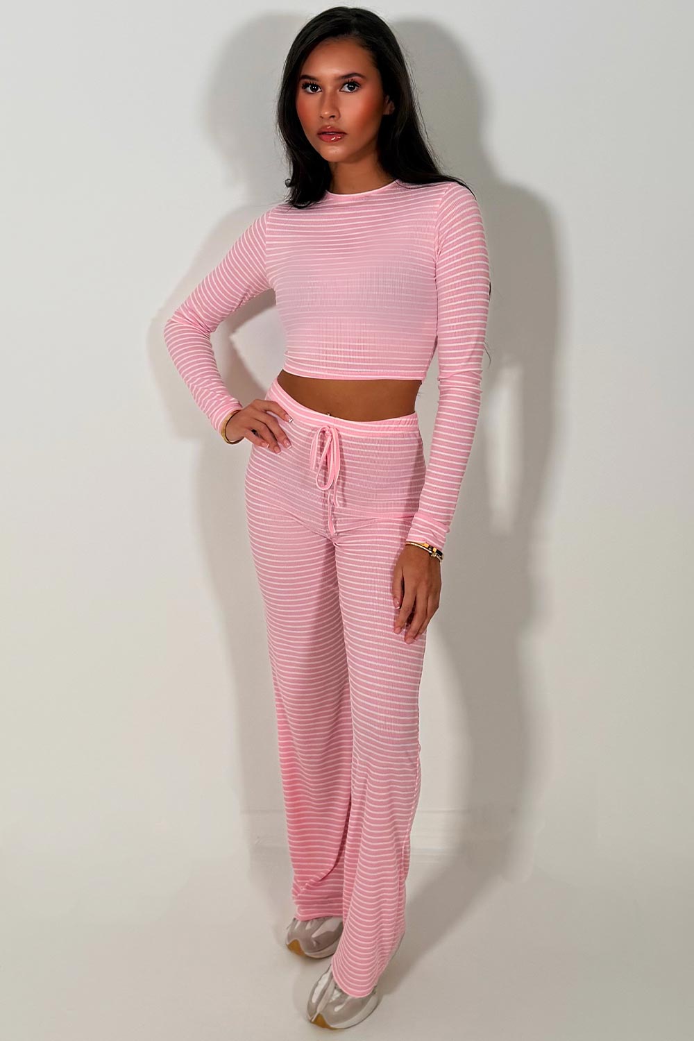 striped lounge set pink co ord crop top with long sleeves and wide leg trouser set for womens styledup