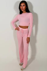 striped lounge set pink co ord crop top with long sleeves and wide leg trouser set for womens styledup