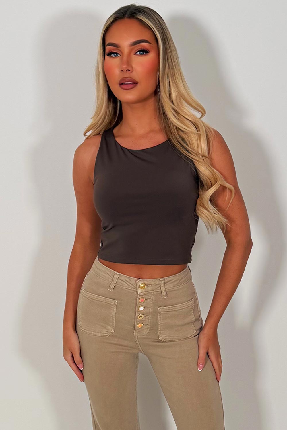 brown padded double layered crop top styledup 