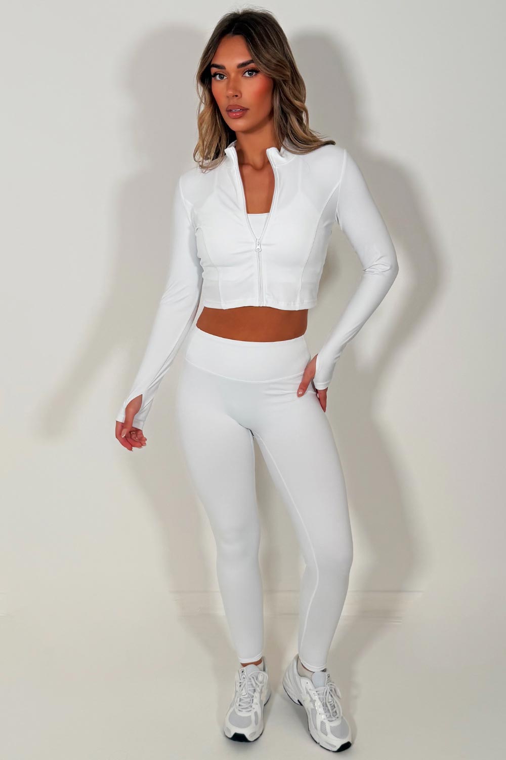 womens white zip up sports track jacket bralette and seamless leggings 3 piece co ord set lululemon yoga activewear outfit 