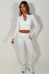 womens white zip up sports track jacket bralette and seamless leggings 3 piece co ord set lululemon yoga activewear outfit 
