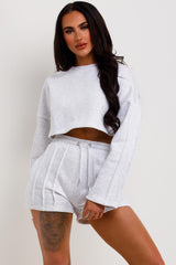 womens crop sweatshirt and shorts two piece tracksuit set