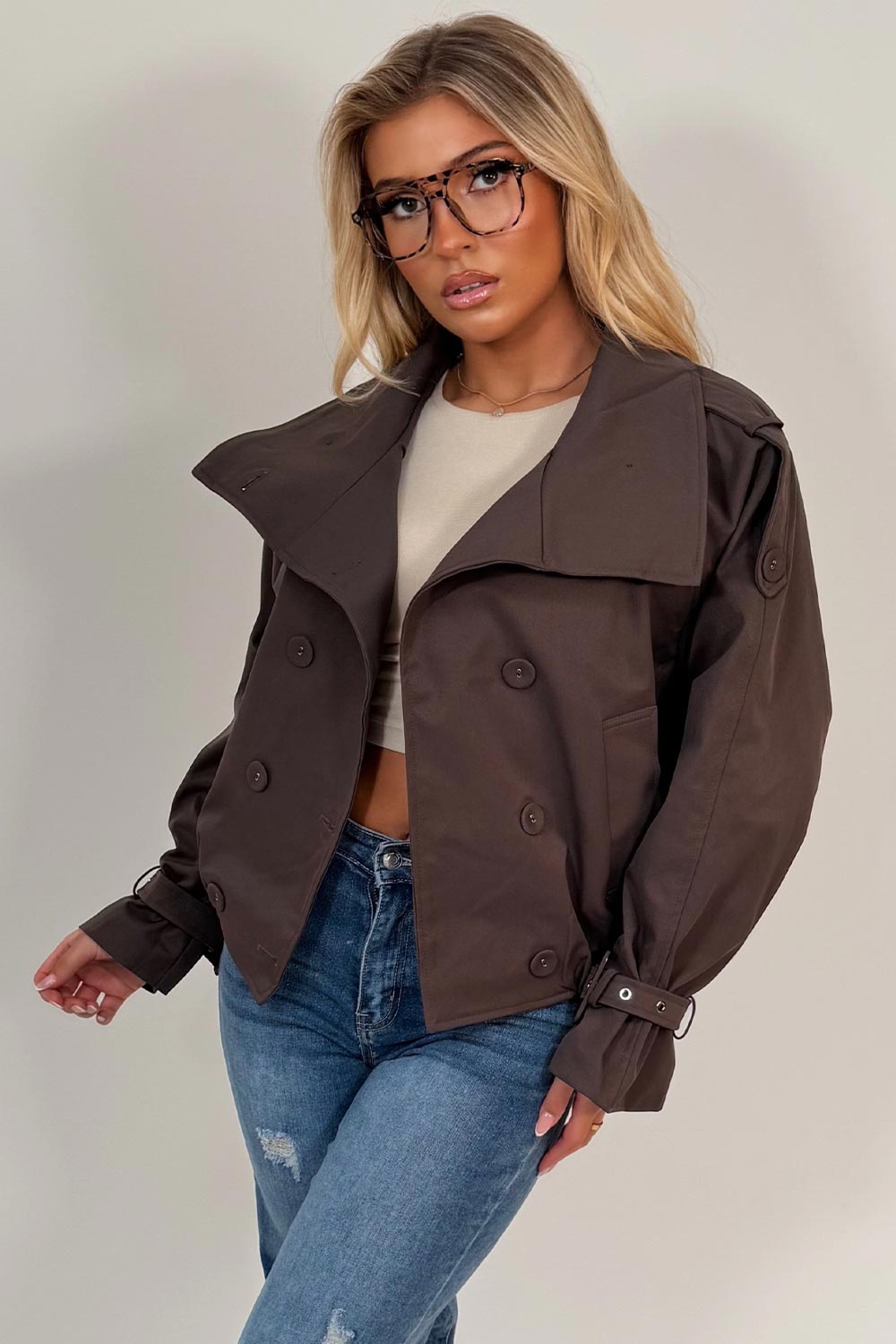 womens cropped brown trench jacket styledup uk