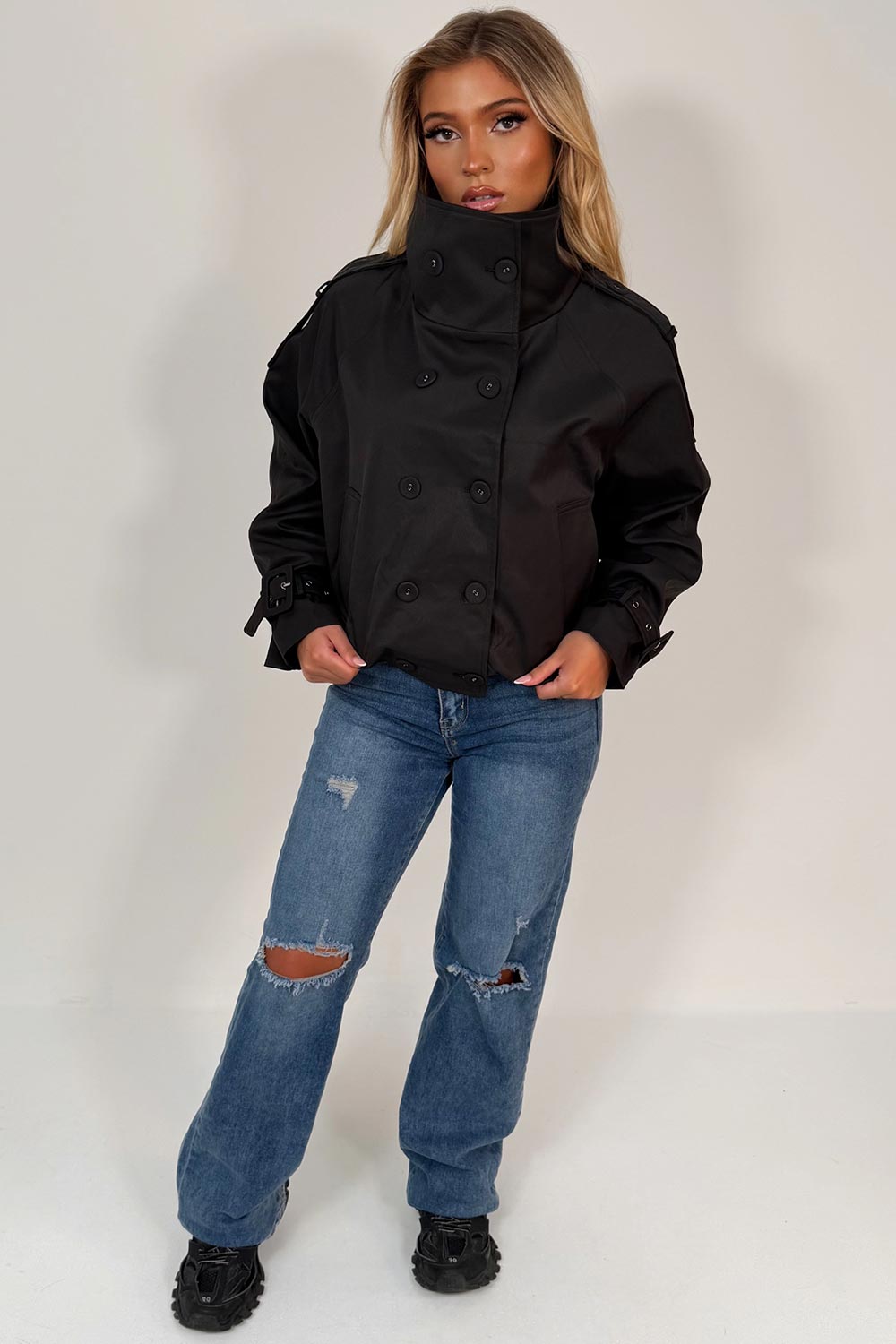 funnel neck trench jacket cropped womens winter outerwear styledup uk