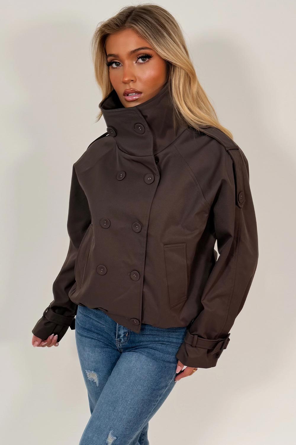 funnel neck brown trench jacket styledup uk