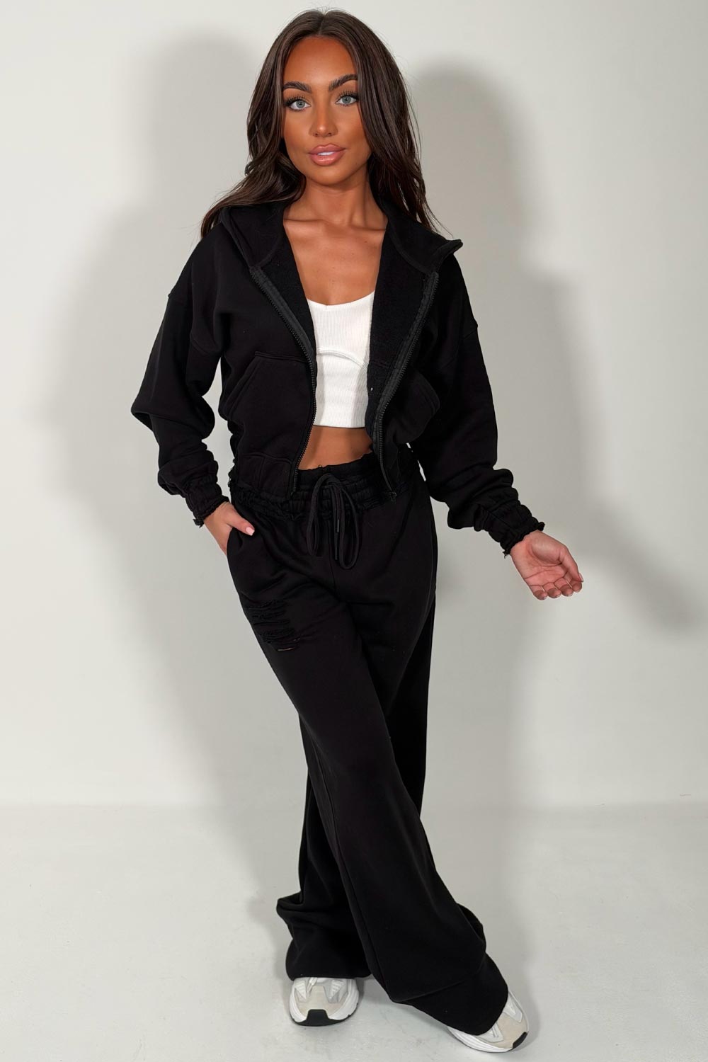 womens wide leg joggers and crop zip up hoodie tracksuit airport outfit lounge set styledup uk sale white fox 