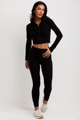 rib zip front hoodie and leggings tracksuit set black loungewear co ord