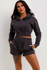 womens shorts and crop zip hoodie tracksuit set