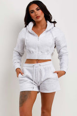 womens shorts and crop zip hoodie tracksuit set