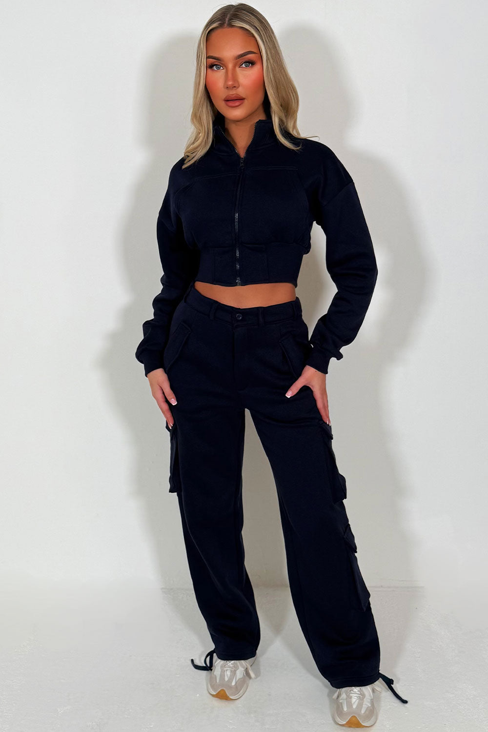 womens crop sweatshirt and joggers cargo lounge set styledup sale 