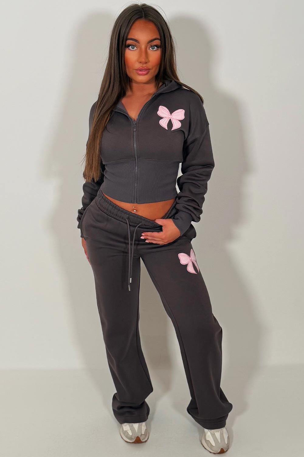 womens joggers and crop corset hoodie everyday tracksuit set with contrast bow embroidery styledup fashion uk