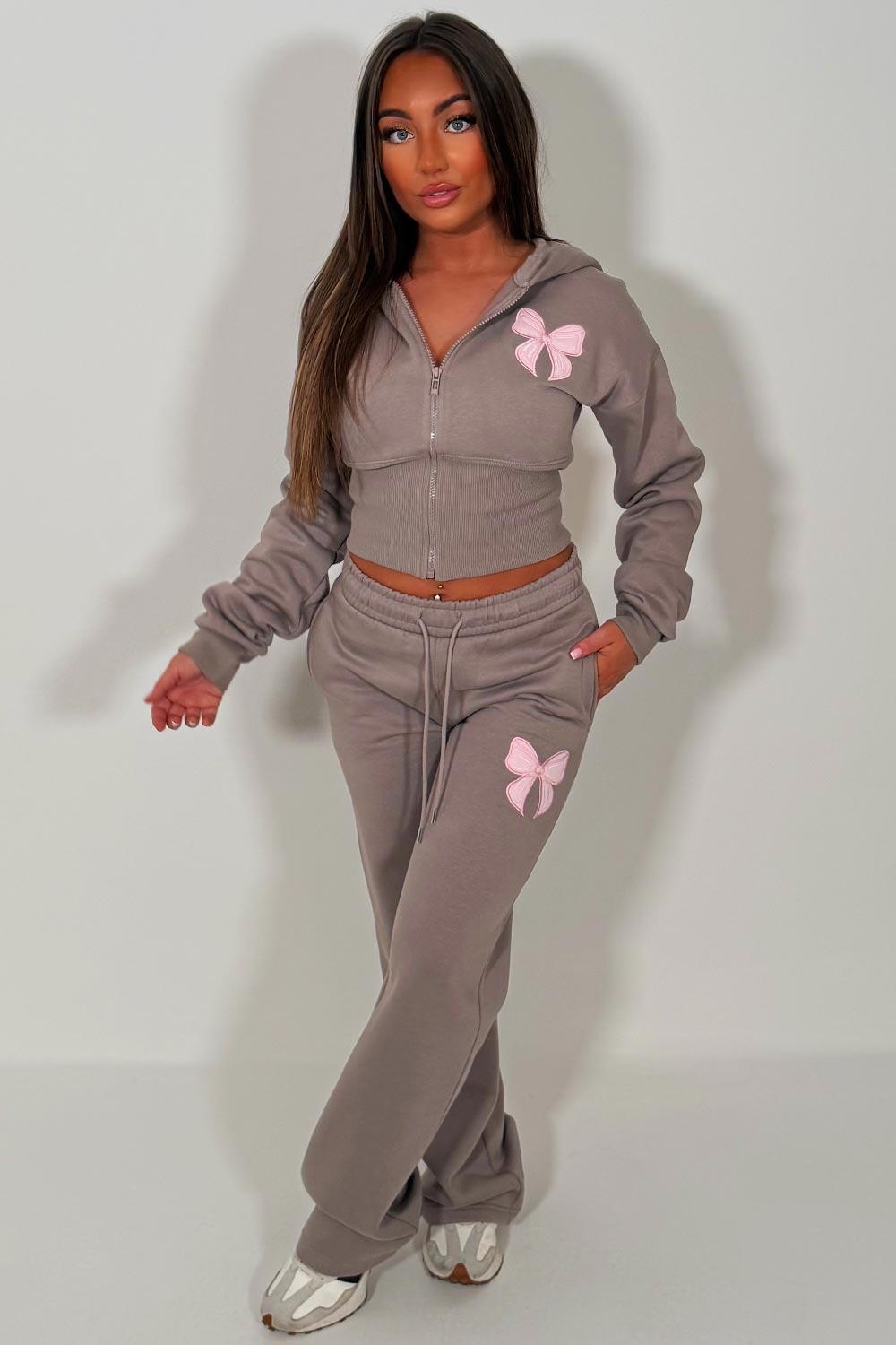 womens joggers and crop corset hoodie everyday tracksuit set with contrast bow embroidery styledup fashion uk