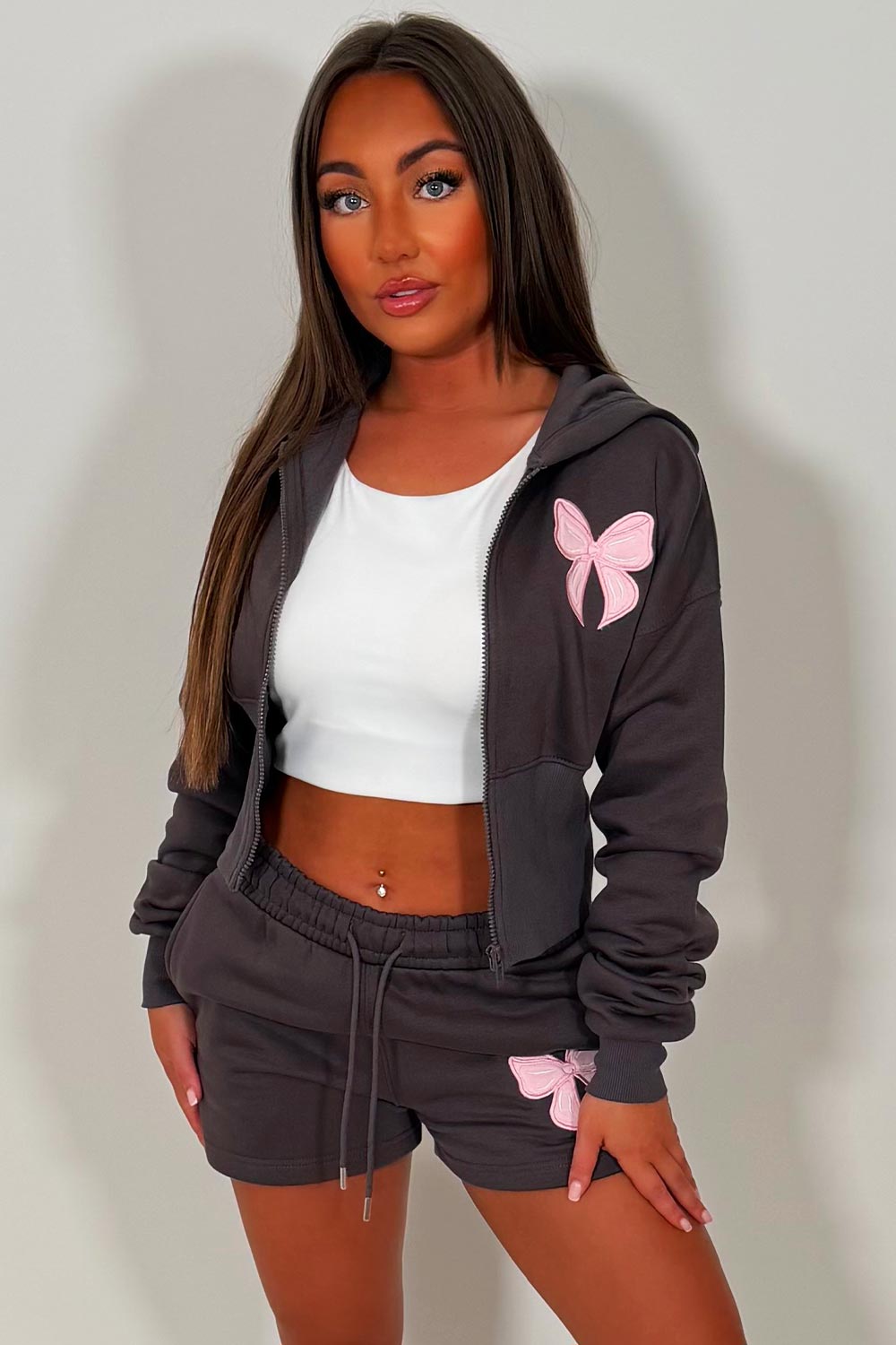 crop hoodie with cinched waist and shorts tracksuit with bow detail two piece co ord set airport outfit womens uk