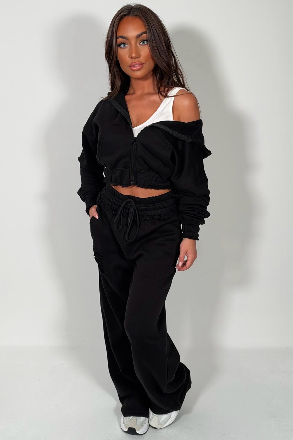 womens tracksuit distressed hem crop hoodie and wide leg trousers two piece co ord set styledup uk