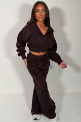 womens tracksuit distressed hem crop hoodie and wide leg trousers two piece co ord set styledup uk