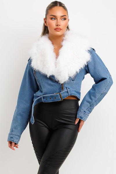 womens denim faux fur collar aviator biker jacket 