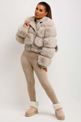 womens faux fur faux leather aviator jacket beige