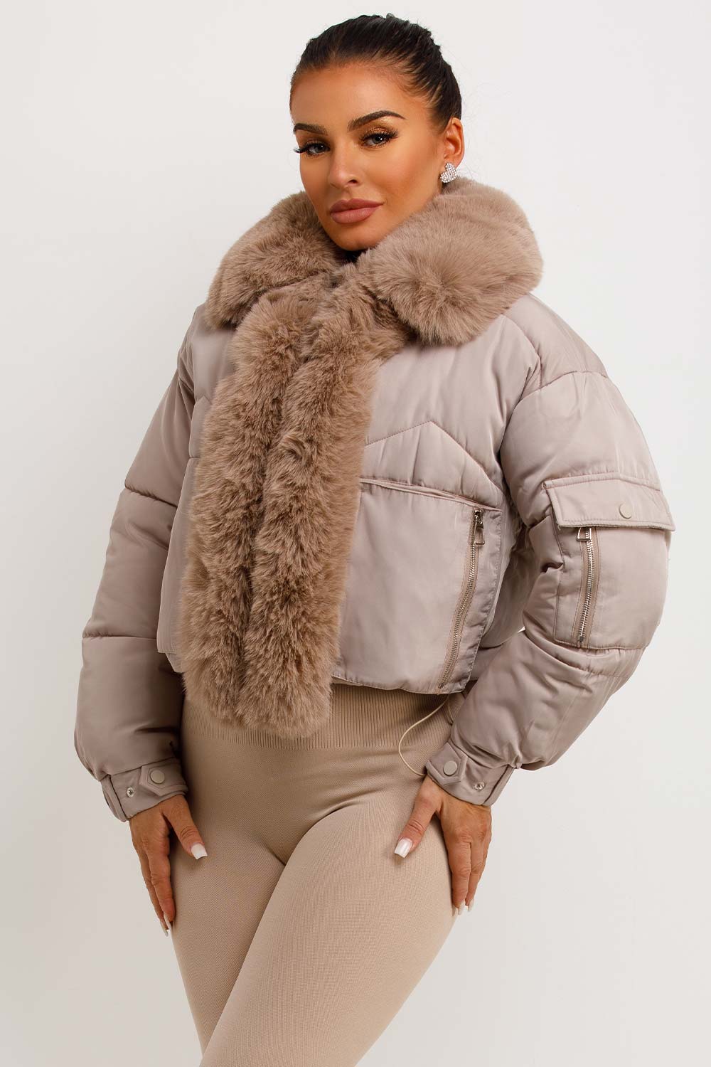 womens puffer padded jacket with fur trim