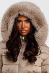 womens beige faux fur hood padded puffer jacket styledup uk