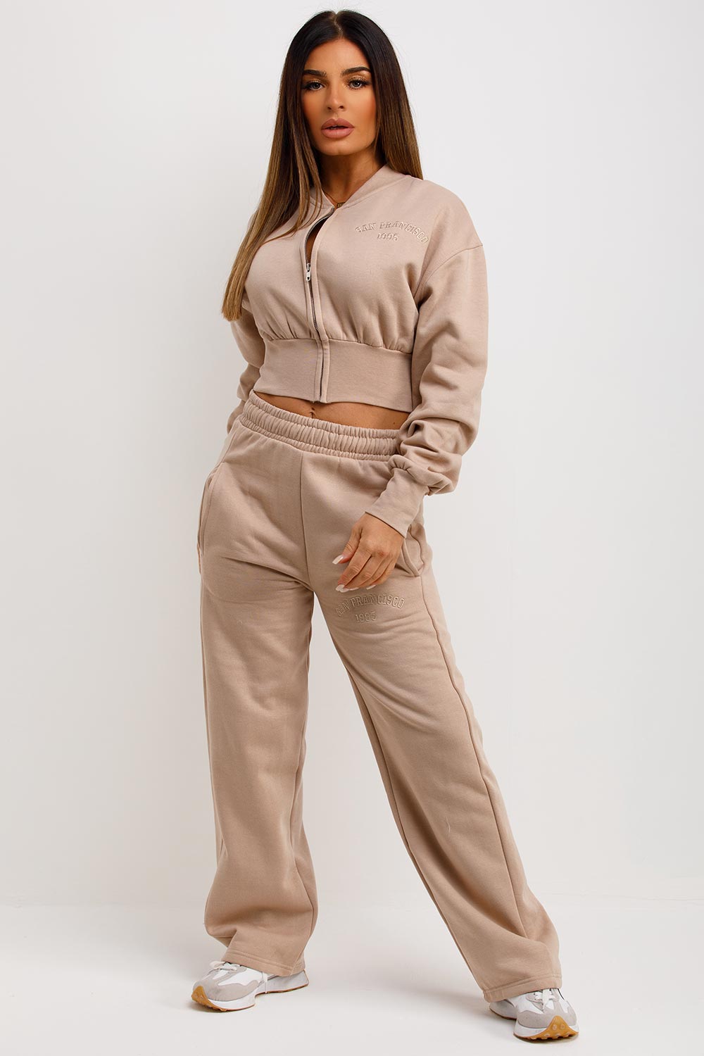 womens crop tracksuit with straight leg joggers san francisco embroidery