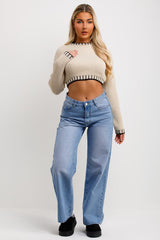 crop long sleeve knitted jumper with blanket stitch detail